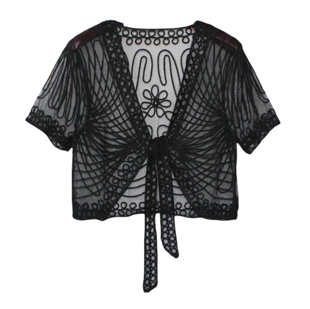 Fwshangmao Women's Black Shrugs, Short Sleeve Shrug Summer Crochet Floral Lace Bolero Cardigan Mesh Embroidery Jacket Front Tie Elegant Shoulder Jacket See Through Cover-Up For Dresses,,L
