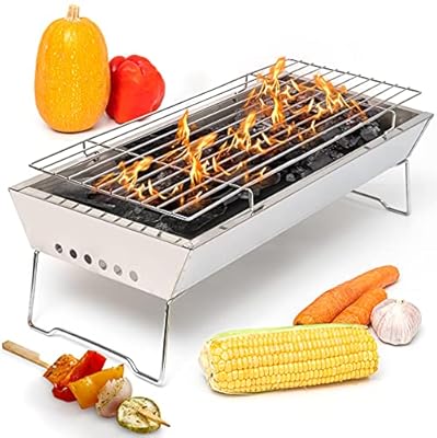 Moss & Stone 17" In Portable Tabletop Grill, Charcoal Barbecue Grill, Stainless Steel Portable Folding Tabletop Charcoal Grill For Shish Kabob Burgers & Meat Steak.