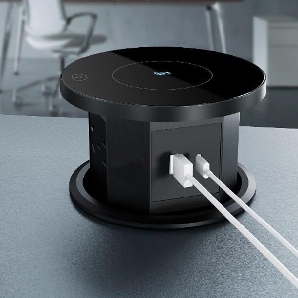 Image of Audiovan Smart Sensor Touch Motorized vertical Pop Up box Power Outlet, 3 AC Outlets with 15W Wireless Charging, USB-A and 18W USB-C Ports, Motorised Design, Black VMP30