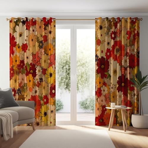 Genérico Cortinas Salon Dormitorio Retro Floral Pequeñas Flores Coloridas, Cortina Ventana Opacas Termicas 2 Piezas con Ojales - Reduccion Ruido 140 An x 260 Al cm (2Paneles) Rojo