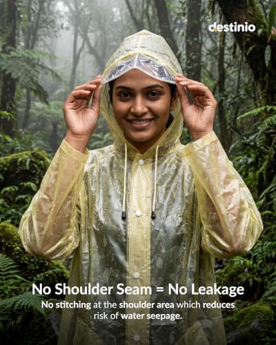 Image of Destinio Poncho for Men, Poncho for Women-Thick Waterproof PVC, Rain Coat, Reusable - Transparent Pocket Raincoat with Hood, Full Cover for Bag in Travel, Trekking, Bike Riders