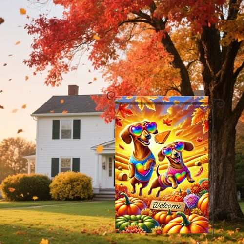 Image of Nuxovilar 12x18 inch Dachshund Dog Sunglasses Fall Flag | Double-sided Dachshund dog and pumpkin garden flag for porch, patio, and lawn decoration.