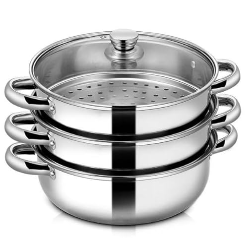 Dunuiov 工芸 蒸し器 28CM ガラス蓋付 ステンレス製 蒸し鍋 変形を防ぐ底面 おでん・鍋料理も使える両手鍋 ステンレス多層蒸釜湯釜28 CM多用湯蒸釜電磁炉汎用鍋具 (3階)