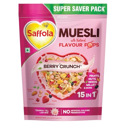 Saffola Muesli Fruit & Nut Berry Crunch with Flavour Pops, 700 gm | 15 in 1 Fruit and Nuts, Seeds, Millet & more | Cereals for breakfast rich in whole