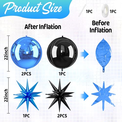 Image of 6pcs 22 inch Black Blue Star Balloons and 4D Large Foil Balloons, Black Foil Star Spike Balloon Blue 4D Ball Balloon For Graduation Father's Day Birthday Baby Shower Party Wedding Decorations