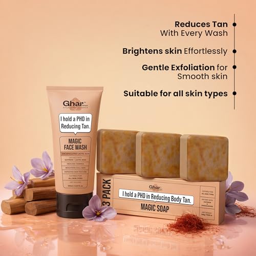 Image of Ghar Soaps Magic De-Tan Face Wash & Sandalwood Saffron Bath Soap Combo Pack of 3 | With Sandalwood, Saffron & Glutathione | Tan Removal, Skin Brightening & Glowing Skin | Handmade & Paraben-Free | For Men & Women