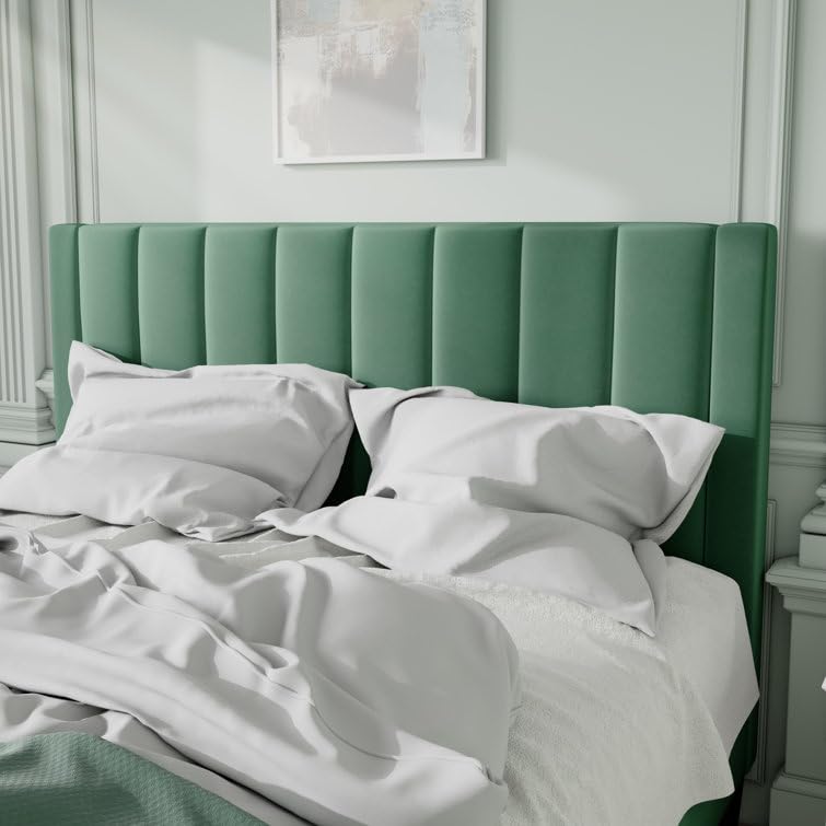 Image of HITHOS Modern Upholstered Queen Size Bed with Wingback Headboard | Wooden Double Bed Cot Palang Without Storage for Living Room Bedroom Home (Green) 1 Year Warranty