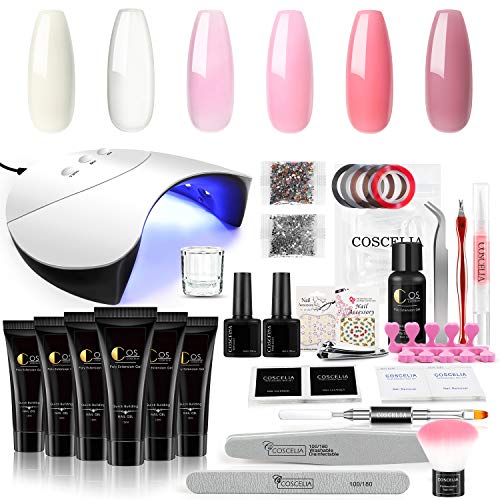 COSCELIA Poly Nail Gel Kit with 36W LED Nail Lamp Base and Top Coat Nail Dual Form Brush Liquid Manicure Tools Set