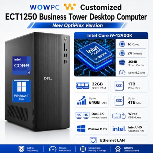 Image of Customized Dell ECT1250 Business Tower Desktop Computer, New OptiPlex Version-Intel Core i9-12900K, 32GB DDR5 1TB SSD, Up to 64GB RAM 4TB SSD, Dual 4K Monitor Support, Wired KB&Mouse, Win11Pro