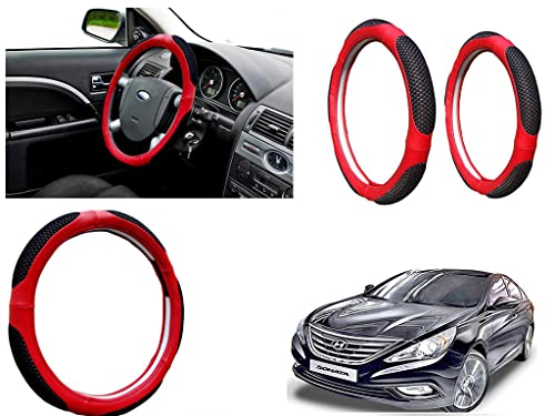 Image of Microfiber Car Steering Wheel Cover, Soft Padding Great Hand Feel, Anti-Slip, Faux Leather Steering Cover for Hyundai Sonata Fluidic | Black Red Jali - Pack of 1