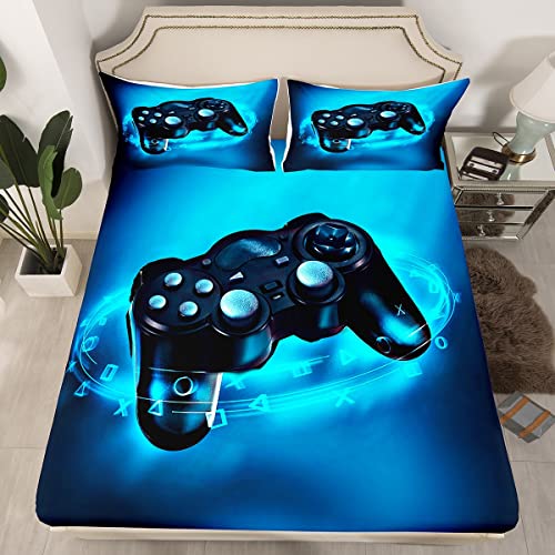 Erosebridal Gaming Bed Sheet Queen Size 4Pc, Teens Video Games Fitted Sheet Kids Boys Gamepad Sheet Set Modern Gamer Fitted Sheet+Novelty Game Flat Sheet+2 Pillow Cases, Blue Black Bedroom Decor #TOP1
