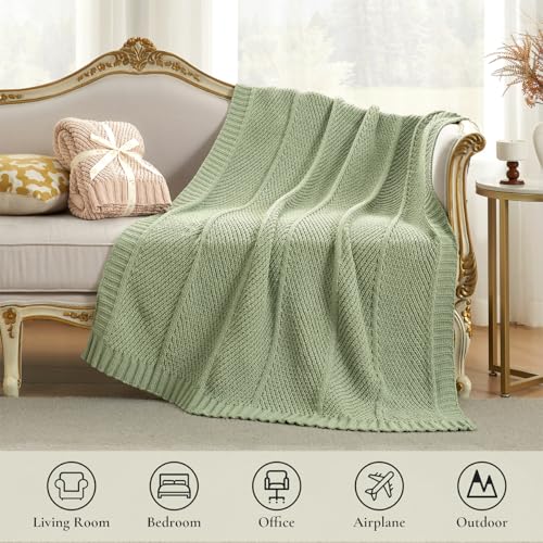 Amélie Home Chevron Chenille Knit Throw Blanket for Couch, Cozy Texture Decorative Soft Blanket for Sofa & Chair, 60"x80", Sage Green