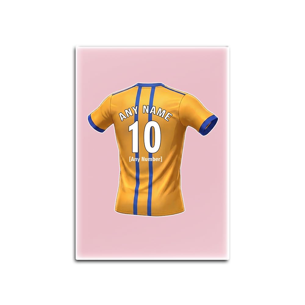 UNIGIFT Personalised Gift - Mansfield Area Fan Pink Glass Fridge Magnet (Amber and Blue Football Jersey Design) Custom Name - Nottinghamshire NG18 Club