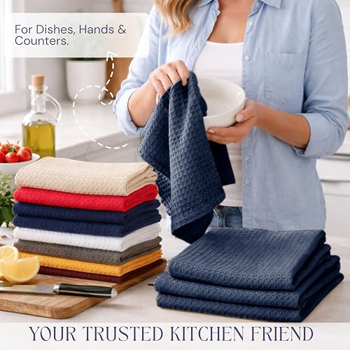 Image of Navy Waffle Kitchen Dish Towels, 100% Cotton, Quick Dry, Super Absorbent, Soft, Lint-Free, 16x26 Inches - Ideal for Dish Drying, Tea, Cleaning, and Everyday Use, 4 Pack, Navy Blue