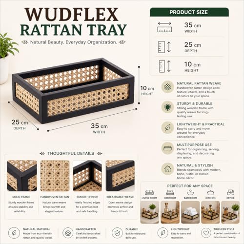 Image of Rectangular Bathroom Tray, Hand-Woven Rattan Storage Baskets Decorative Tray, Organizer Tray for Storage, (35cm x 25cm x 10cm)