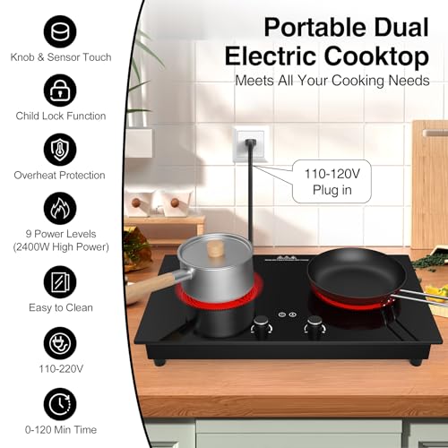 Image of VBGK Electric Cooktop,2400W Electric Stove Top,Countertop and Built-in Hot Plate with Child Safety Lock, Timer, LED touch Knob Control,Overheat Protection,110V 2 Burner Induction Cooktop