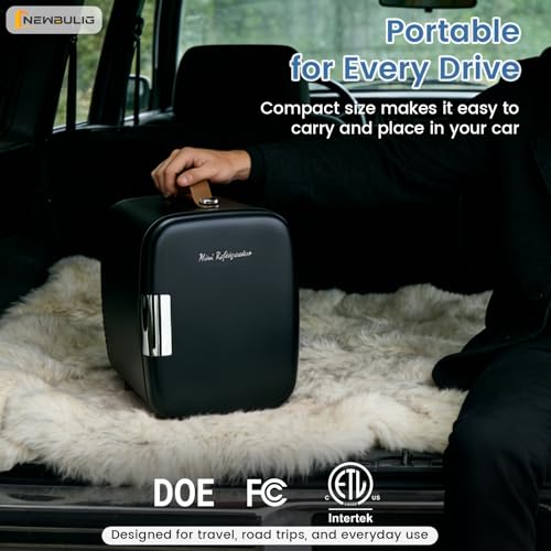 Image of NEWBULIG Mini Fridge for Bedroom, Office & Car, Portable 4L /4.23QT Mini Refrigerator for Skincare with Handle, Ultra-Quiet Energy-Saving Compact Cooler for Drinks, Food, Skincare & Makeup, 12V AC /DC
