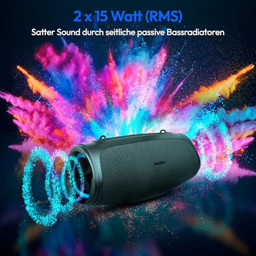 MEDION P61746 tragbarer Bluetooth Lautsprecher (Akku, Bass Boost, Musikbox, RGB Lichteffekte, IPX7 Wasserschutz & robust, integrierte Powerbank, 2X 15 W RMS) Anthrazit