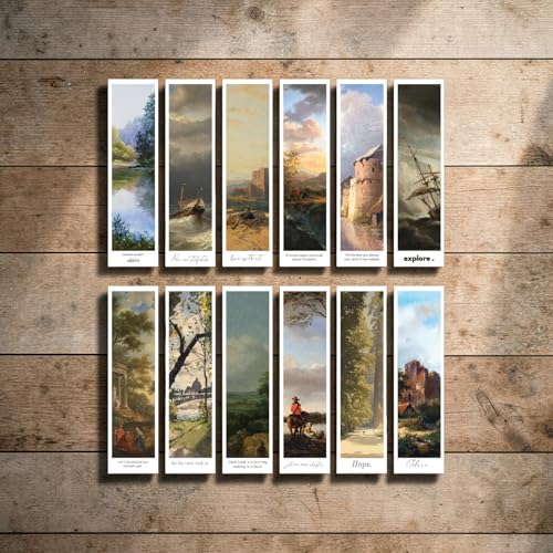 Image of Vintage Landscape Bookmarks - Set of 14 Aesthetic Nature Scene Designs (15x4 cm) with Free Art Postcard | Paper Bookmarks for Books, Journaling & Gifting