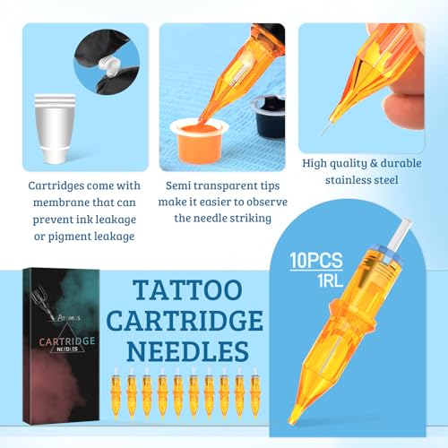Tattoo Cartridge Needles, ATOMUS 10pcs 1RL 3RL 5RL 7RL 9RL Round Liner Disposable Tattoo Needle (Yellow 1RL 10pcs)