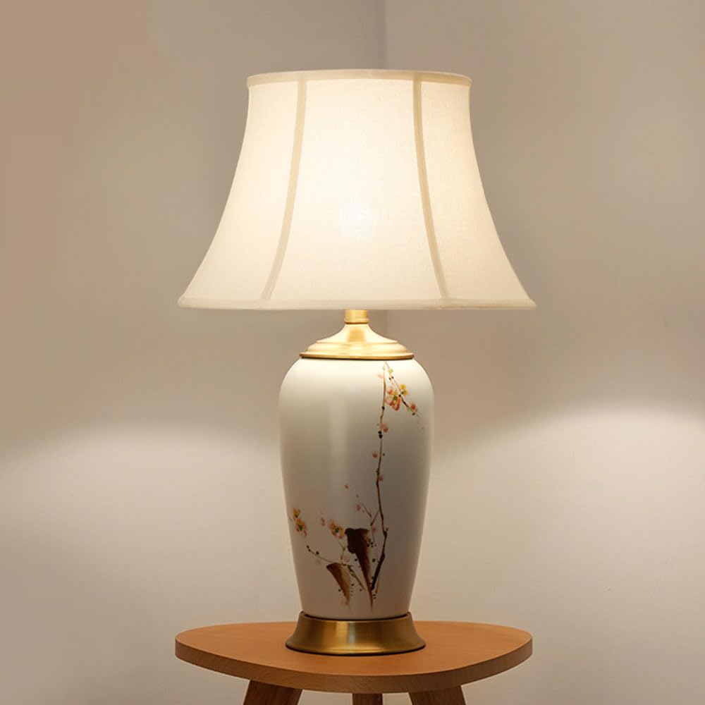 asdchZen 25.6" Modern Ceramic Table Lamp For Living Room White Desk Lamps With Embroidered Appliqué Lampshade For Bedroom Farmhouse Bedside Nightstand Bedside Lamp End Table Lamps,C