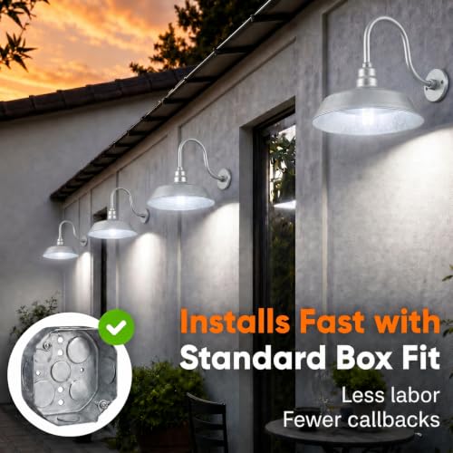 Image of 14in. Galvanized Finish Outdoor Gooseneck Barn Light Fixture With 24in. Long Extension Arm - Wall Sconce Farmhouse, Vintage, Antique Style - UL Listed - 9W 900lm A19 LED Bulb (5000K Cool White)