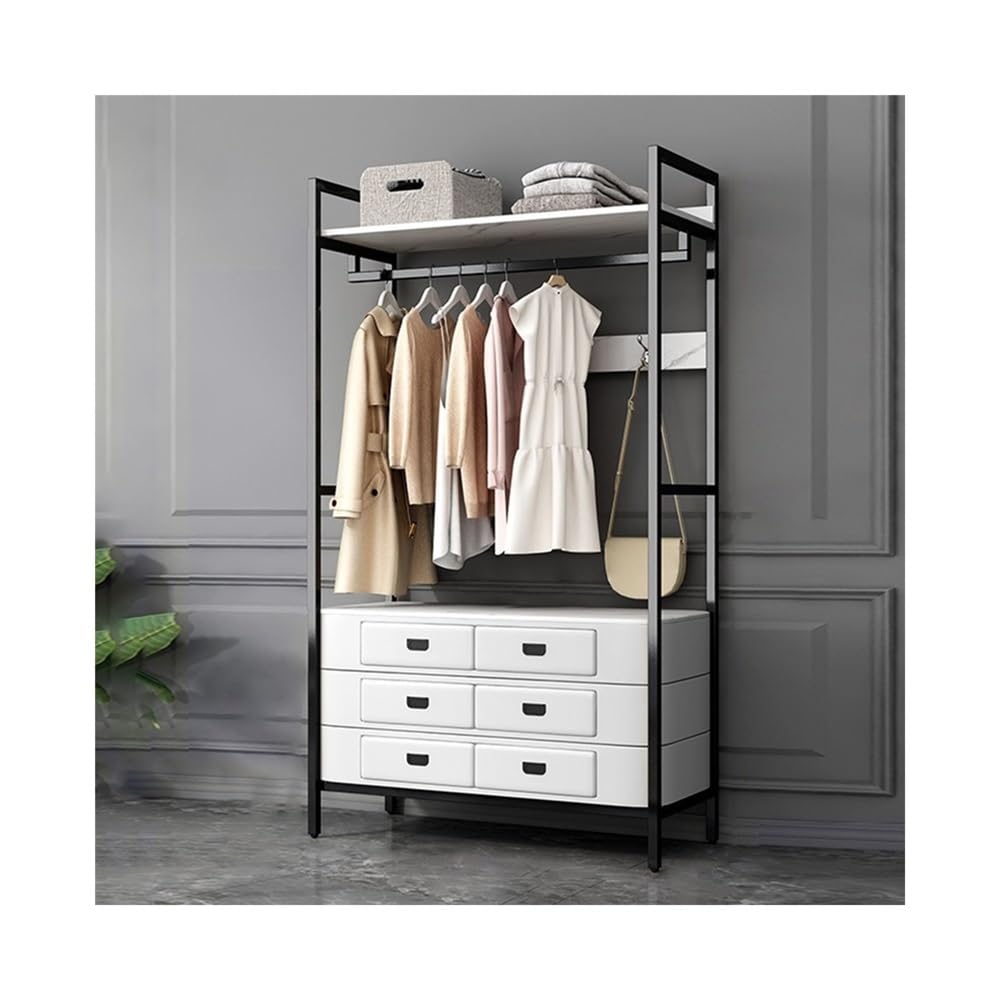 DFHS46JK Hat Rack Floor Coat Rack Hanger with Drawer Bedroom Storage Dressing Table Living Room Metal for Office(White+White)