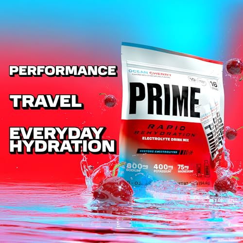 Image of Prime Rapid Rehydration Electrolyte Powder Sticks, Ocean Cherry, Sugar Free Hydration Drink Mix with Sodium, Potassium, Magnesium & B Vitamins to Replenish Fluids, Caffeine Free, 16 Count