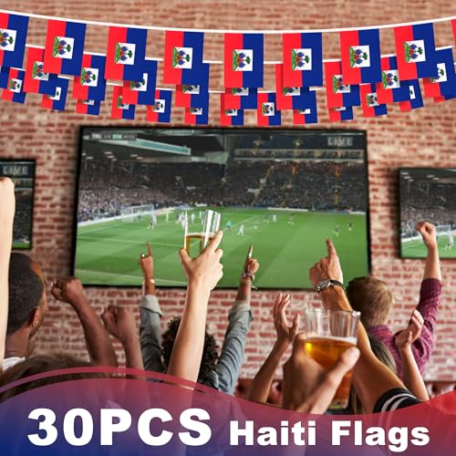 Image of Haiti String Flag Pennant Banner, Small Mini Haitian Flags Bunting Banner, National Country Decoration for School, Party, Sports Events, Patriotic Festival, 33 Feet 30 Flags