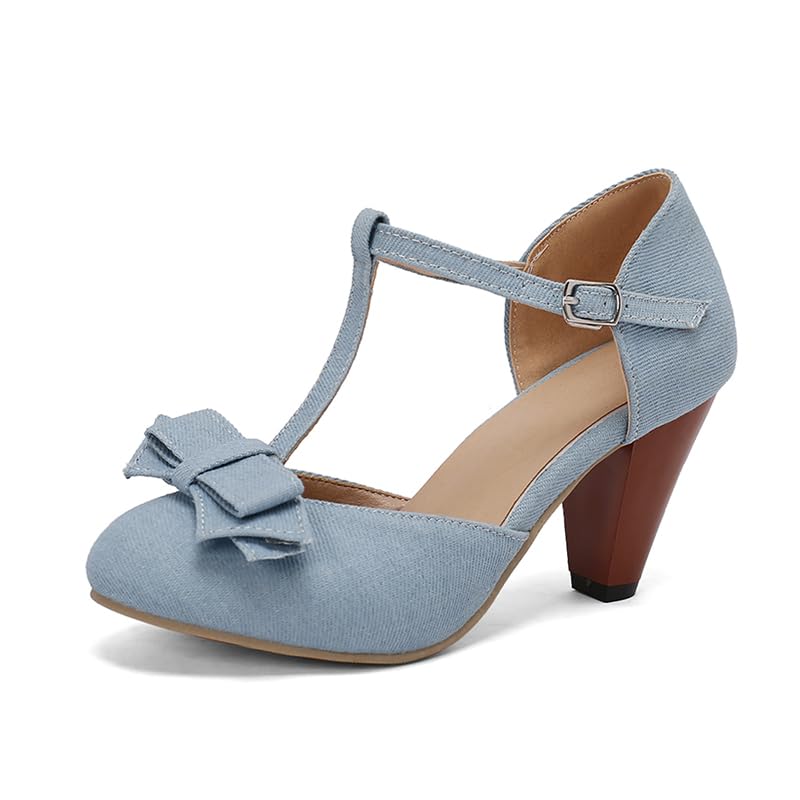 Image of Elbslutt Women's Cute Retro Rockabilly Shoes T Strap Mary Janes Heels Chunky Cosplay Shoes Sweet Block Heeled Bow Pumps