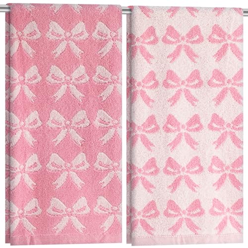 Mindsoft 2 Pcs Pink Bow Hand Towels 100% Cotton 13 x 29 Inch Soft Decorative Bathroom Towels Absorbent for Gym Spa Guest Room