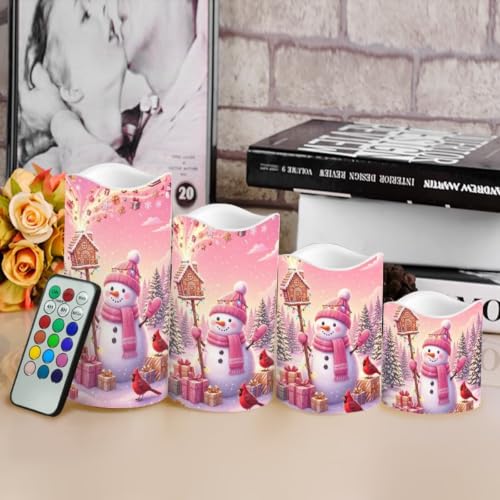 Image of Snowman Cardinal Color Changing Electric Candles, 4 Pack | cozy Christmas Flameless Candle Set with Remote Control, Battery Operated, Fake Candles for Kitchen Room, Home decor