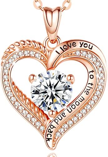 EUDORA Heart Women Necklace 925 Sterling Silver 12 Birthstone Pendant Necklaces for Women with 5A Cubic Zirconia, I Love You to the Moon and Back Jewelry Birthday Gift for Women Mom Wife Girls Her