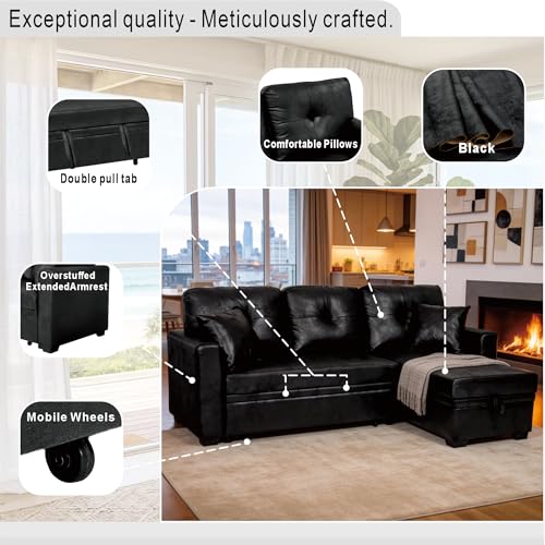 Image of KEIKI 71 inch Sectional Sleeper Sofa with Pull Out Bed, L Shaped Sleeper Sofa with Reversible Chaise, 3 Seater Modular Sectional Sofa with Storage for Living Room, Classic Black