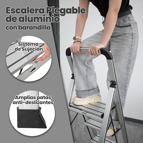Miniatura 5 de Uziro Escalera 3 Peldaños, Escaleras Plegables De Aluminio Liviana, Decorativa, Peldaños Anchos Antideslizantes, Mecanismo Antiplegado, Compacta, Fácil De Guardar 3 Peldaños