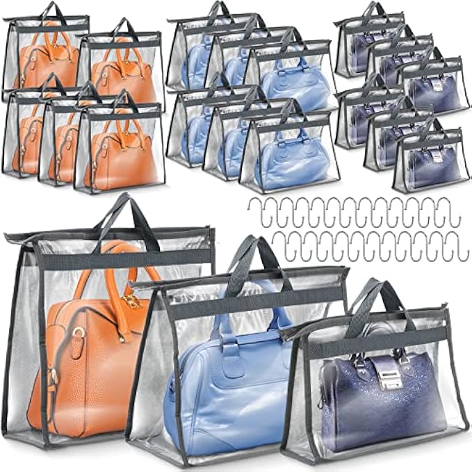 Chumia 20 Bag Tote Dust Bag Clear Tote Storage 3 Sizes Tote Organizer for Closet Tote Dust Cover Purse Protector with Zipper and Handle Strap 25 S Hooks