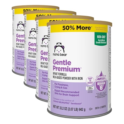 Image of Amazon Brand - Mama Bear Gentle Premium Baby Formula Powder, DHA for Brain Support, Immune Blend 6, 2'FL HMO, For Fusiness, Crying & Gas, 33.2 Ounce (Pack of 4)