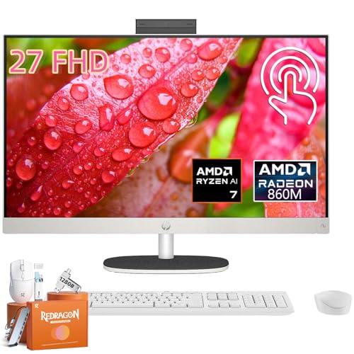 Image of HP 27 inch All in One Desktop Computer, AMD Ryzen AI 7 350, 32 GB DDR5-5600 MT /s, 2 TB SSD, 27 Inch FHD IPS Touchscreen, WiFi 6, BT 5.4, Copilot+ PC, Windows 11 Pro, Wireless KB & Mouse, W /Accessories