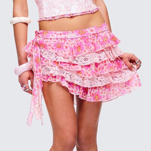 Women Floral Lace Patchwork Mini Skirt Y2k Low Rise Ruffle Pleated Short Skirt Tiered A Line Flowy Streetwear2