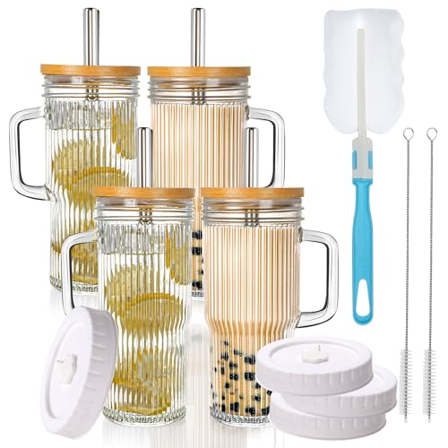Image of 24oz Ribbed Glass Tumbler With Handle,4Pack Glass Cup with Lids and Straws,Reusable Glass Iced Coffee Cups With lids,Mason Jar Cup&Drinking Glasses for Smoothie,Shake,Juice,Soda Water,Tea,Travel