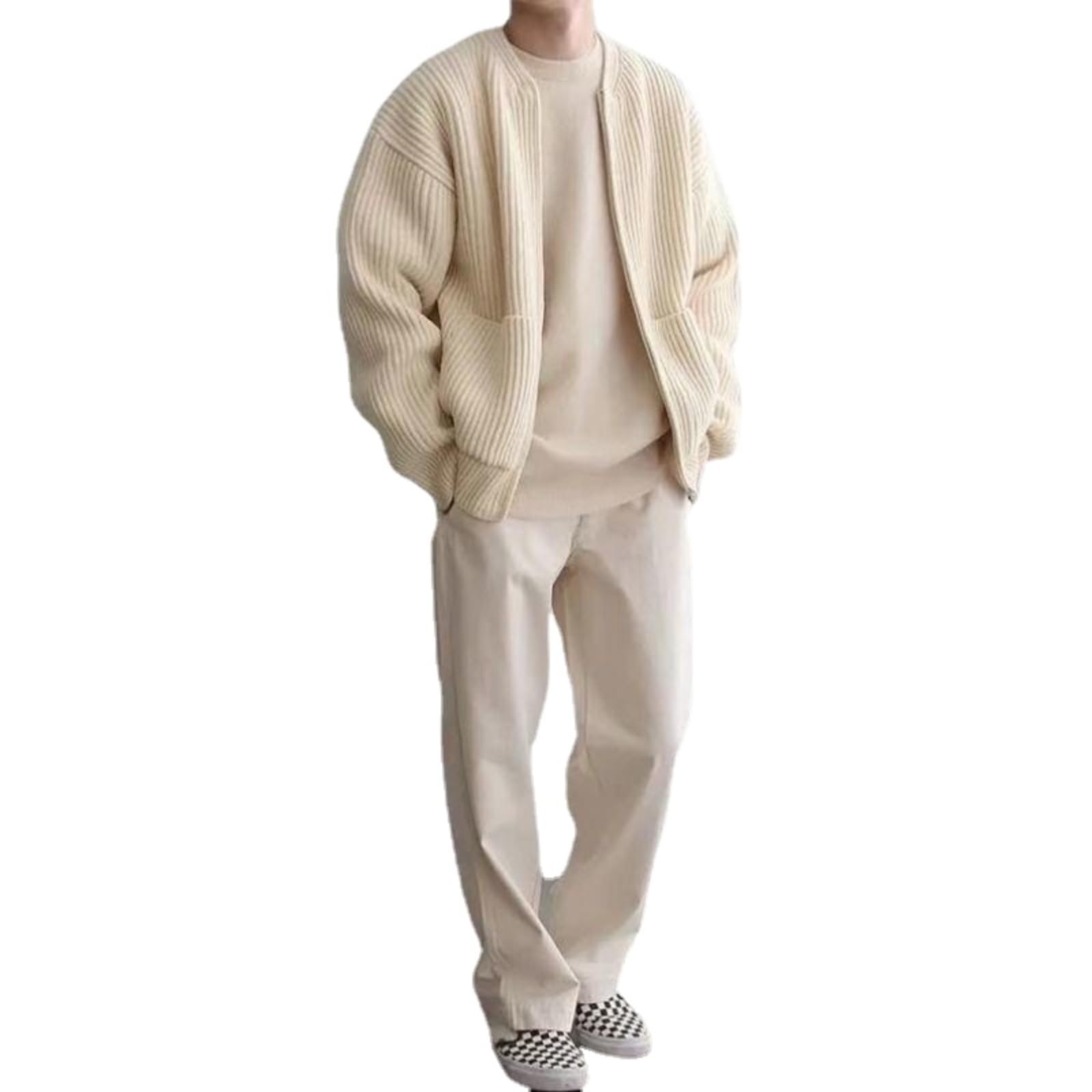Suéteres de punto de moda para hombre, talla grande, con cremallera, suéter de punto de manga larga, abrigo de punto cálido con cremallera con 2 bolsillos