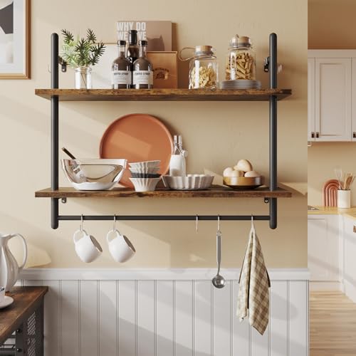 Bestier Industrial Pipe Wall Shelf 80cm Floating Shelves with Towel Bar and Hooks Rustic Wall-Mounted Storage Rack for Kitchen Bathroom Coffee Bar or Living Room (Rustic Brown)