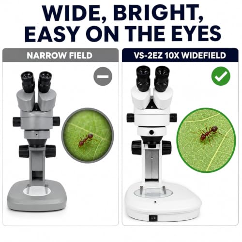 Image of VS-2EZ Binocular Zoom Stereo Microscope, 10x Widefield Eyepiece, 0.7X-4.5X Zoom Range, 3.5X-90x Magnification Range, 0.5X & 2X Auxiliary Lens, LED Illumination, Track Stand