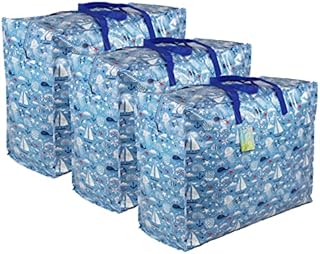 Storage Bags Water & Dust Resistant. Double zipped storage bags for toys, laundry, bedding. Underbed Wardrobe Space Saver Blue Seaside print (65 ltr 3x Pack)