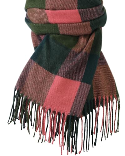 WORPICE Damen Schal Winter - Wendbarer Übergangs- Schals mit Fransen, 200x70cm Weicher Karo-Schal, Pink Grün, Geschenke für Damen ﻿