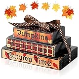 Ferraycle Fall Tiered Tray Decor 1 Set Mini Books Stack Decoration with Winter Snowflake Pumpkin Tag for Home Farmhouse Kitchen Sign Shelf Sitter Wood Tray Decoration Halloween Christmas (Pumpkin)