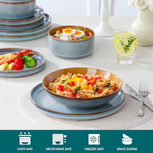 Image of ONION Ceramic Plates and Bowls Sets for 6, 24 Pieces Stoneware Dinnerware Sets for Kitchen, Reactive Glaze Dish Set, Dishwasher and Microwave Safe, Light Blue