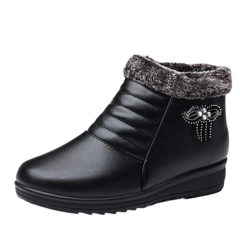 Womens Black Wedge Heel Ankle Booties Soft Leather Platform Side Zipper Sparkling Rhinestones Winter Warm Fur Lined Thickening
