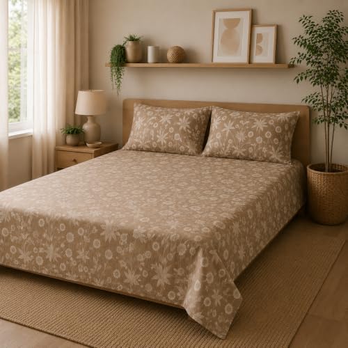 Image of Linen Home Cotton Percale Flat Bedsheet Set Queen Size Floral Light Brown