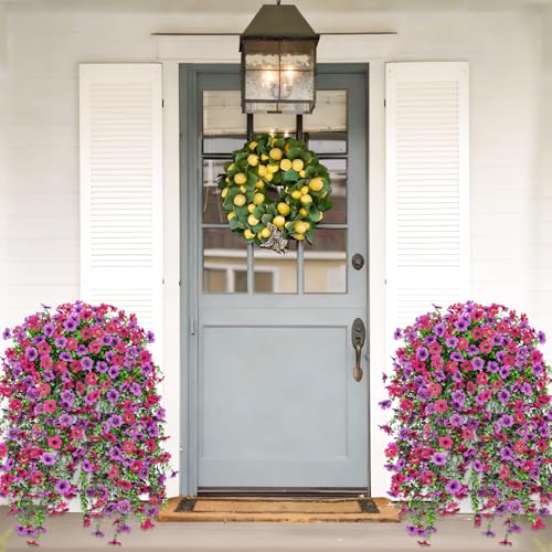 Image of Bassion Artificial Mums for Outdoor, 2 Pcs Fake Fall Hanging Flowers (Rose Red Purple) | Realistic fake silk flowers, UV resistant, faux plants, for outside home patio garden balcony yard front door porch decor